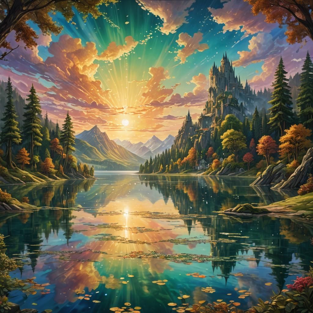 Eldoria: Shimmering Lake and Crystal City in Fantasy Art
