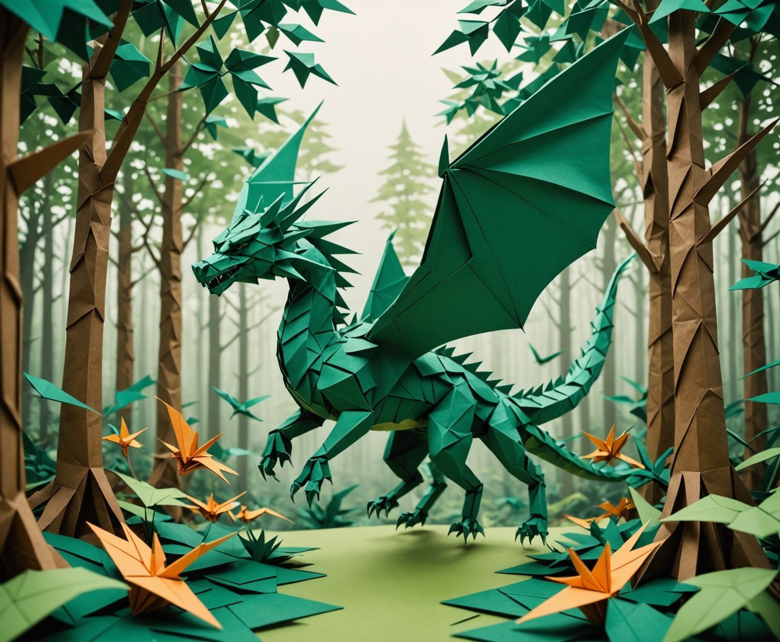 Detailed Origami Dragon Soaring Over Origami Forest