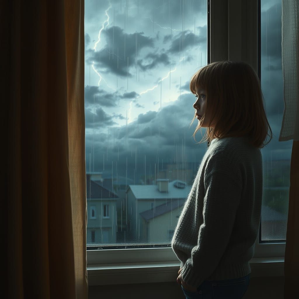 Girl Gazing at Stormy Sky: Cinematic Oil Painting