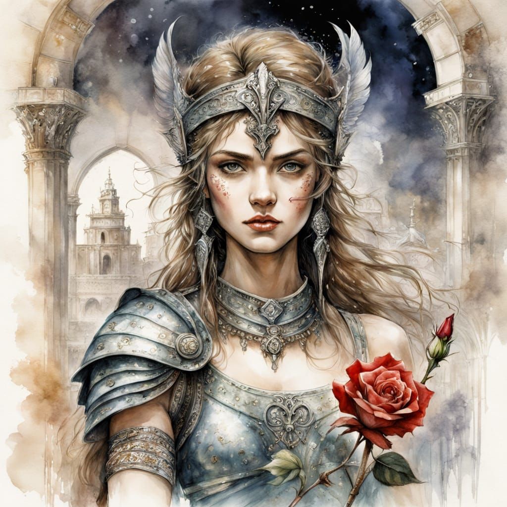 Gladiator in Watercolour Holding a Rose in a Grand Stadium
