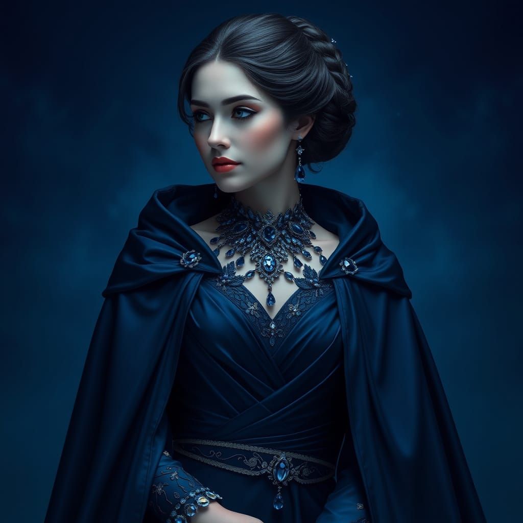 Majestic Navy Goddess in Midnight Blue Cape