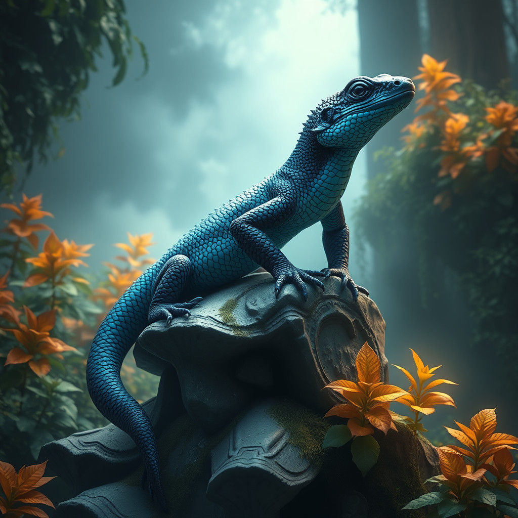 Metallic Salamander on Stone Pedestal, Matte Painting