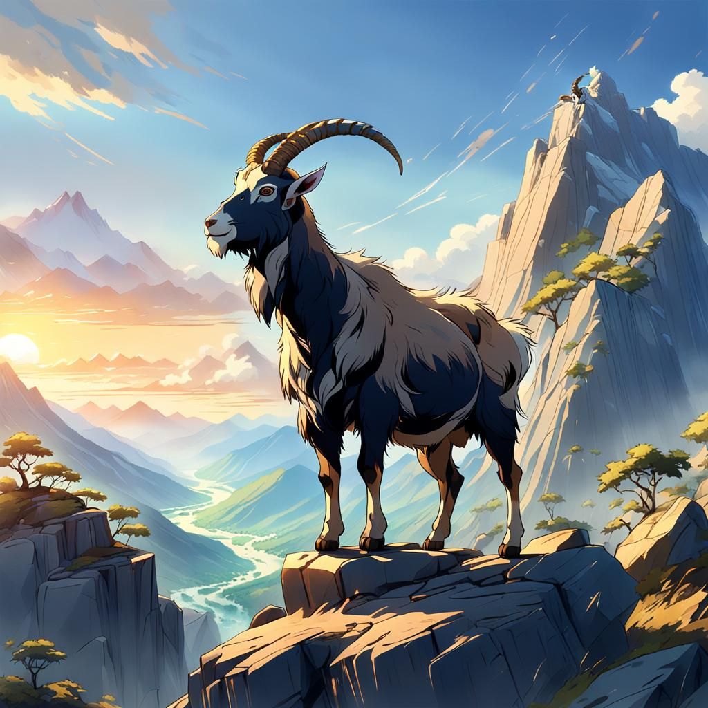 Majestic Goat in Anime Mountain Landscape