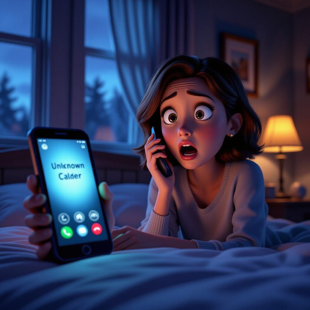 Shocked Woman Reacts to Unknown Caller in Pixar Style