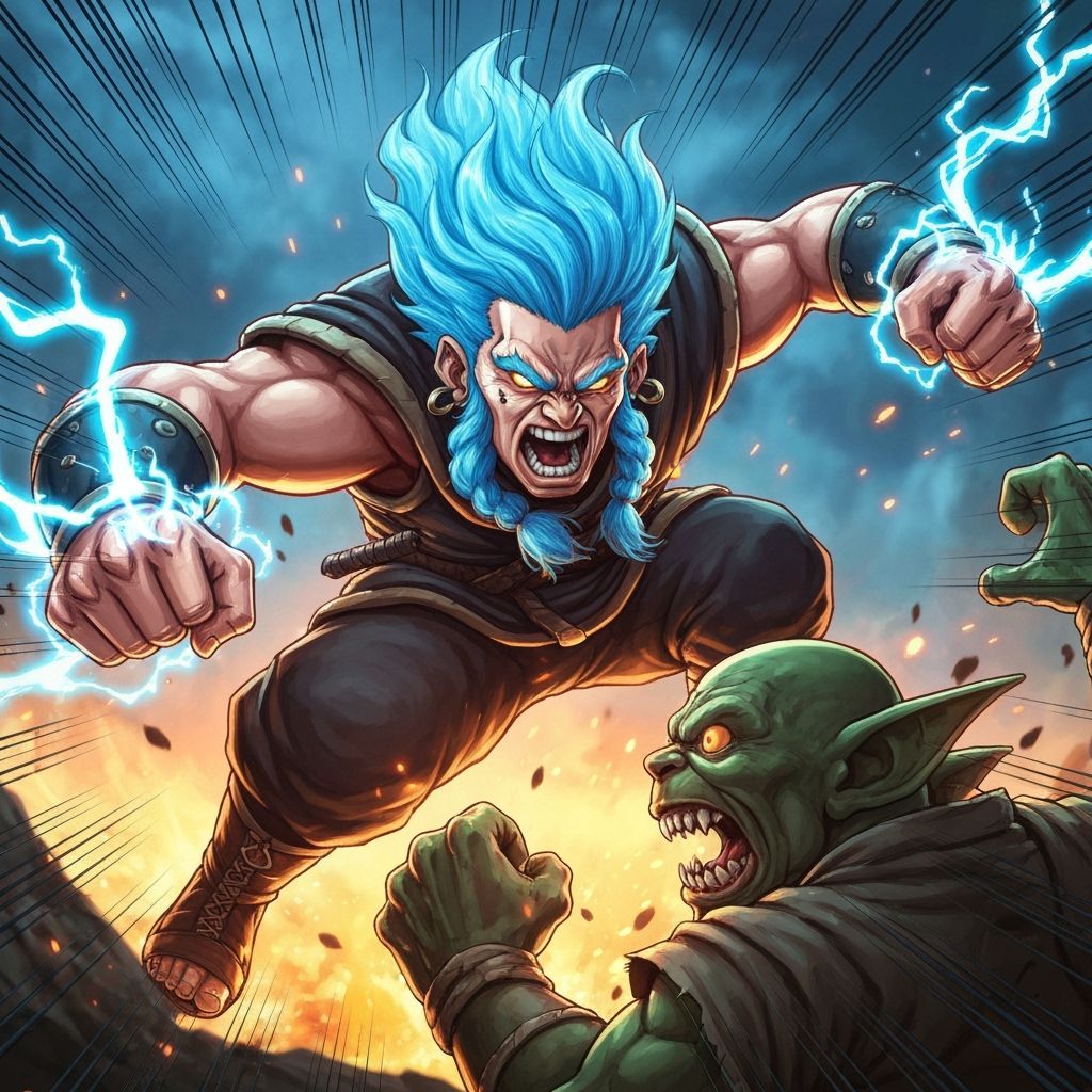 Dwarf Monk Unleashes Electric Fury on Goblin in Anime Style