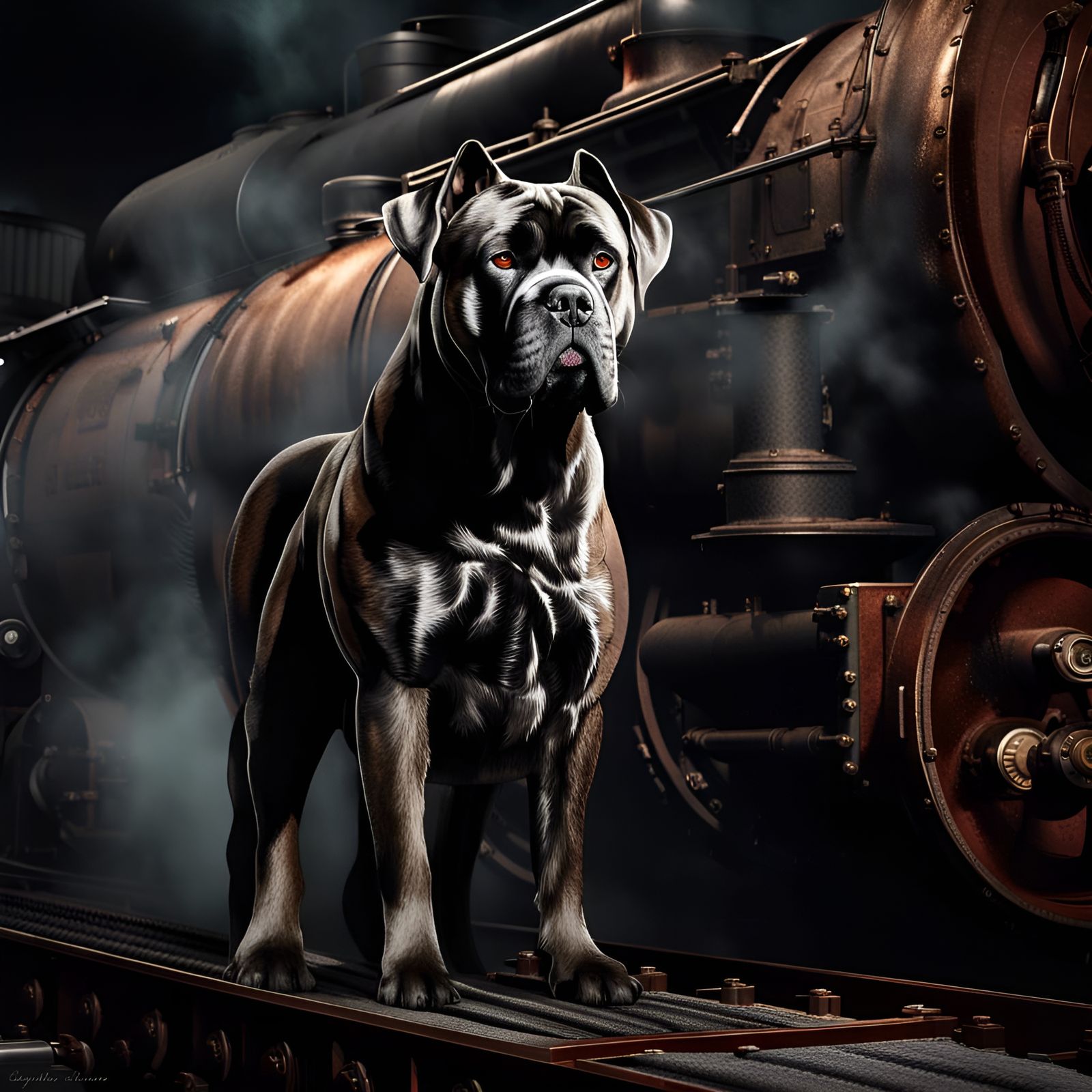 Cane Corso Guarding a Steam Engine: Hyperrealistic Art
