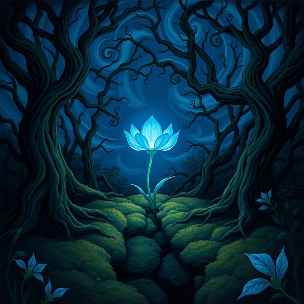 Glowing Blue Flower in Dark Fantasy Forest