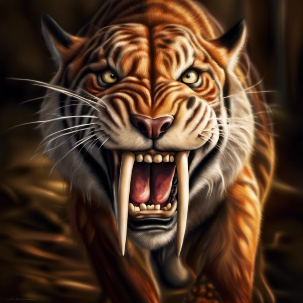 Hyperrealistic Sabertooth Tiger with Open Mouth