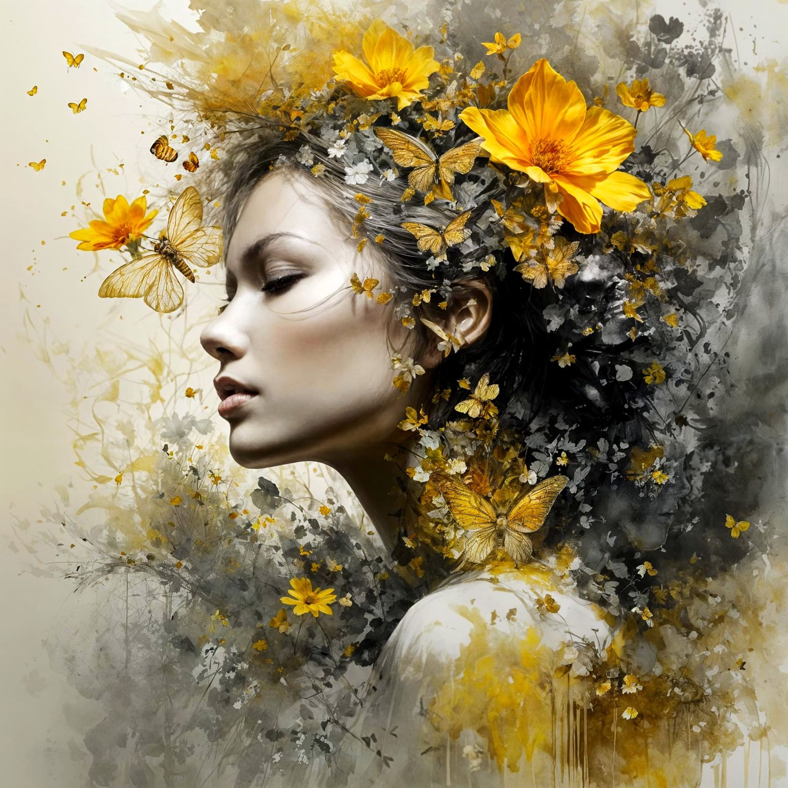 Golden Flowers and Bees in Watercolour Splash Art