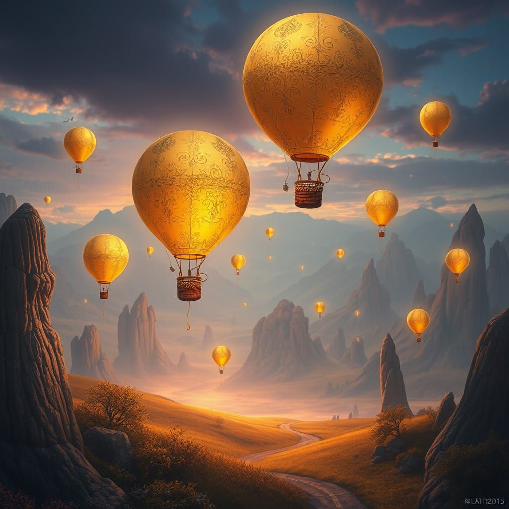 Whimsical Golden Balloons in Dreamlike Landscape