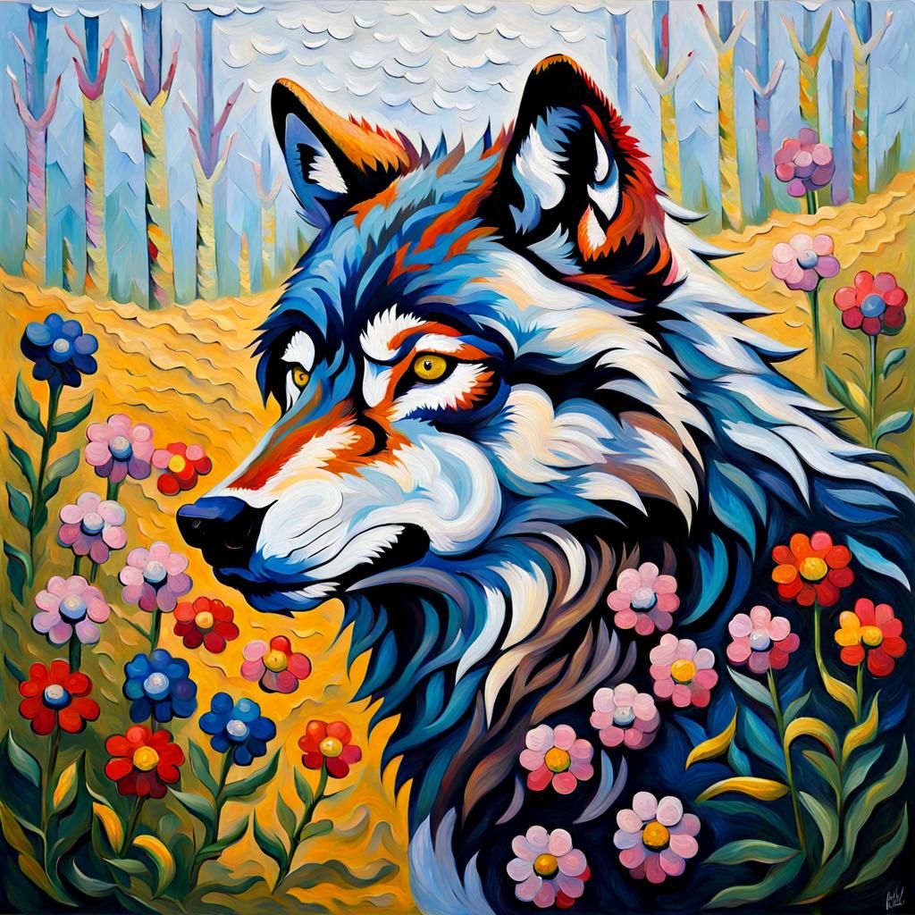Wolf Covered in Flowers: Neo-Impressionist Oil Painting