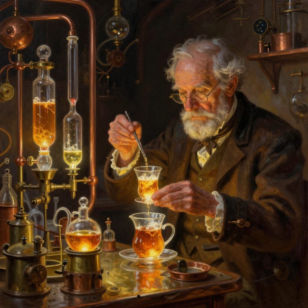 Elderly Alchemist Distills Glowing Tea in Steampunk Workshop