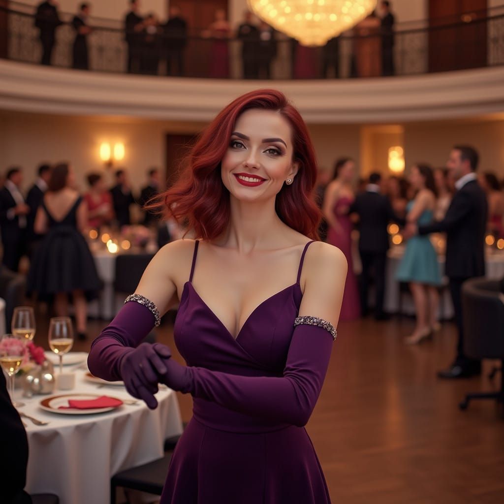 Glamorous Woman in Deep Purple Evening Gown at Ballroom Danc...