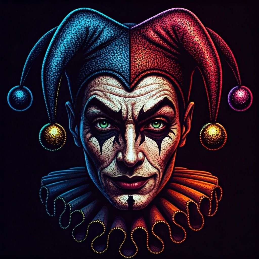 Neon Jester Portrait in Pointillism Style
