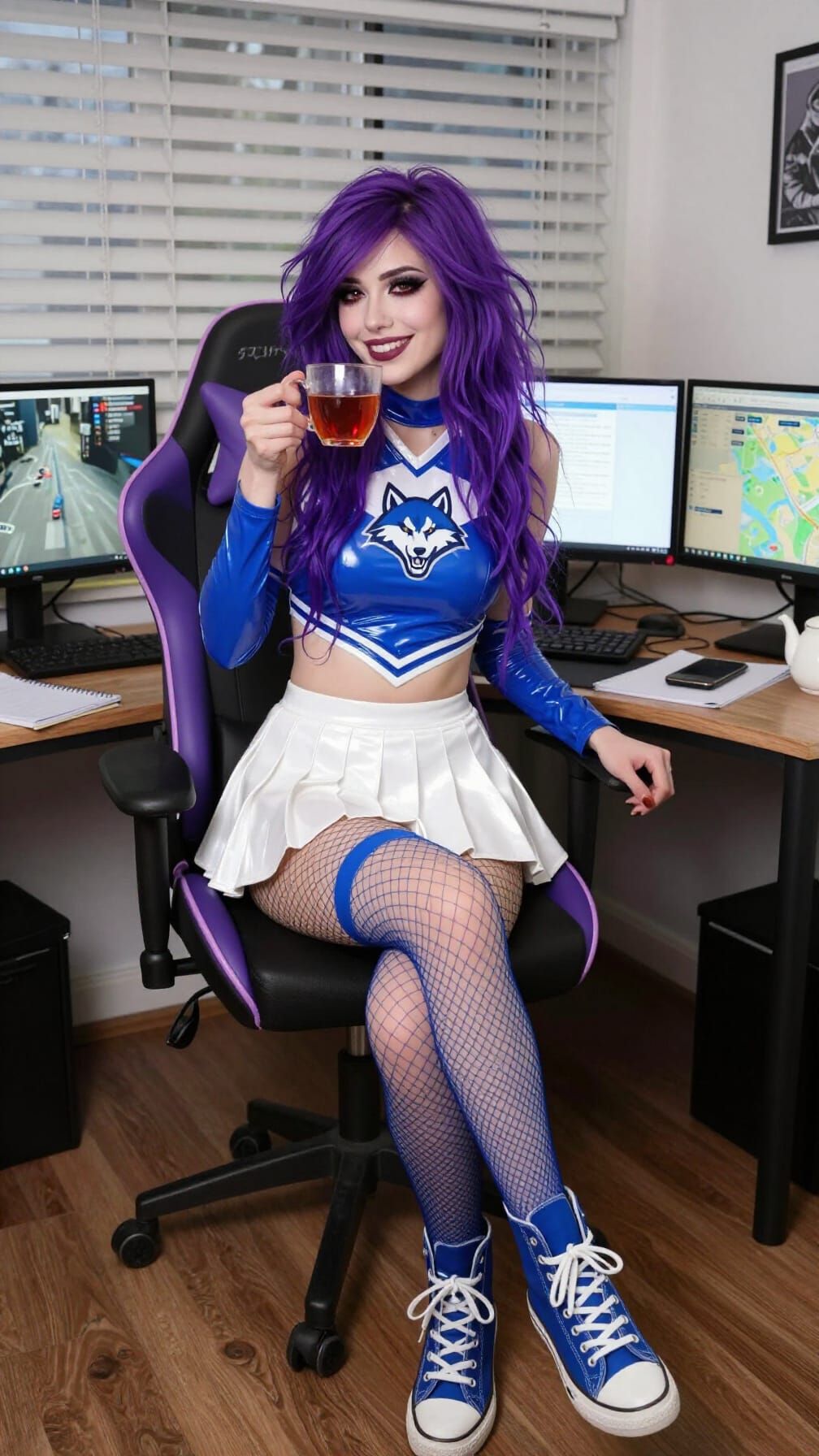 Goth Woman Enjoys Tea in Gamer Chair