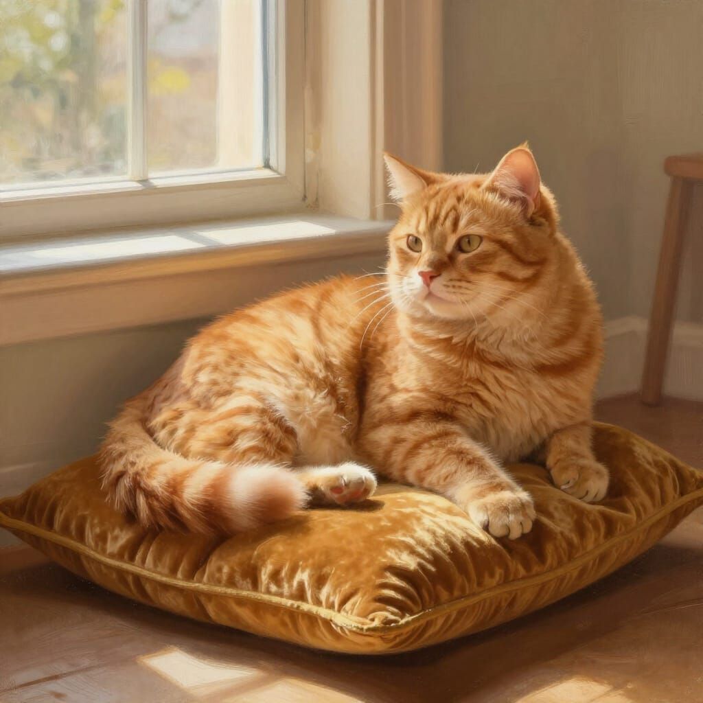 Pregnant Ginger Cat Rests on Velvet Cushion