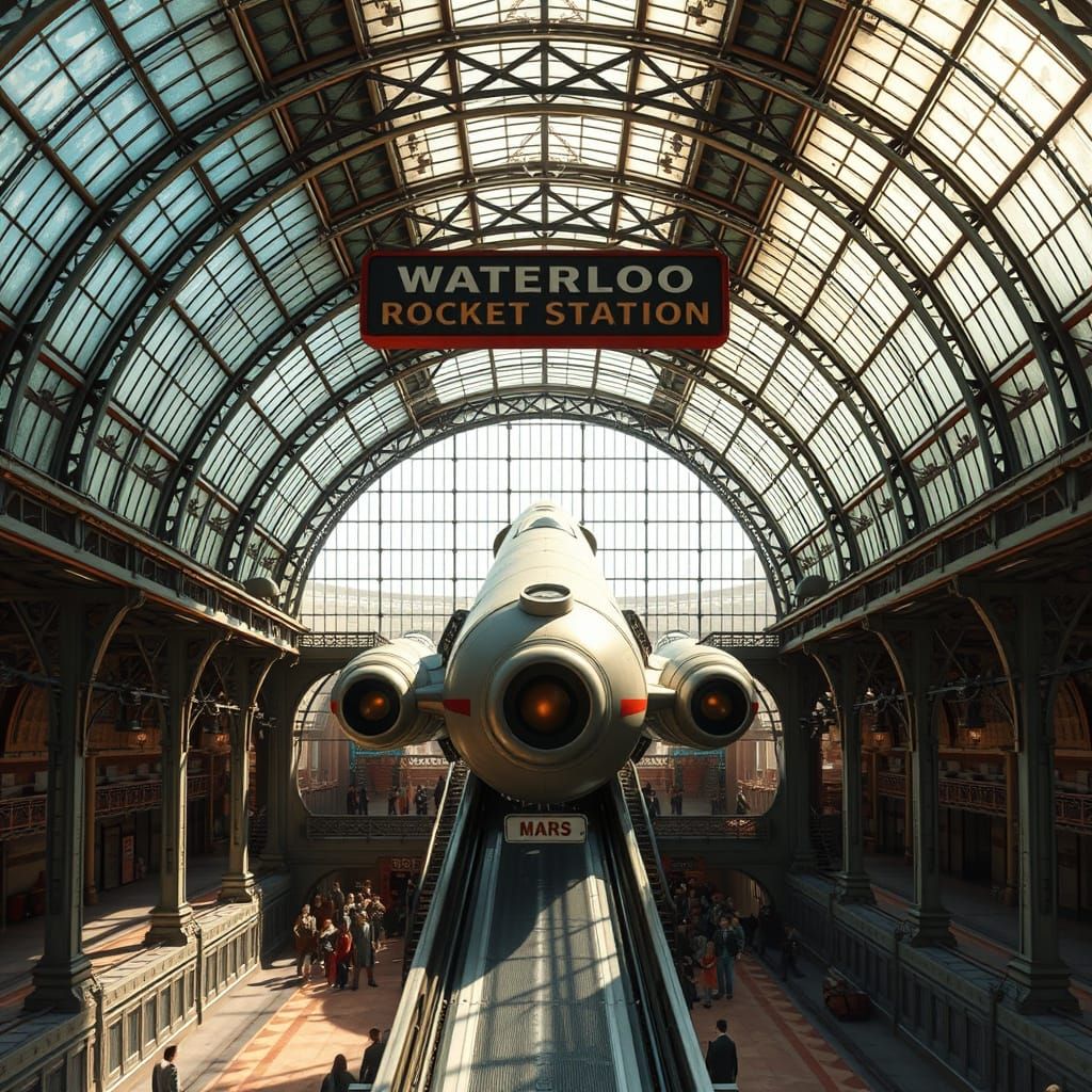 Steampunk Rocket Station Scene in Victorian Style