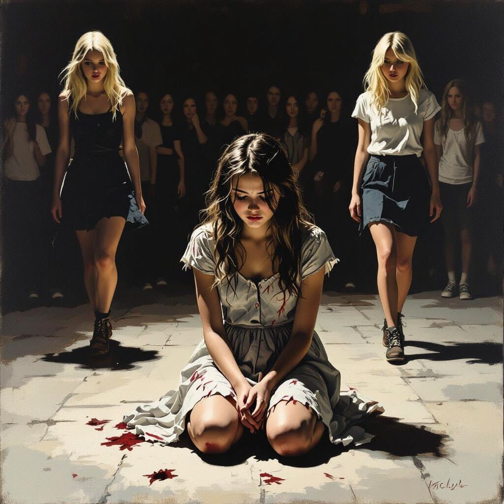 Teen Girl's Distress Amidst Bullying, Dramatic Lighting