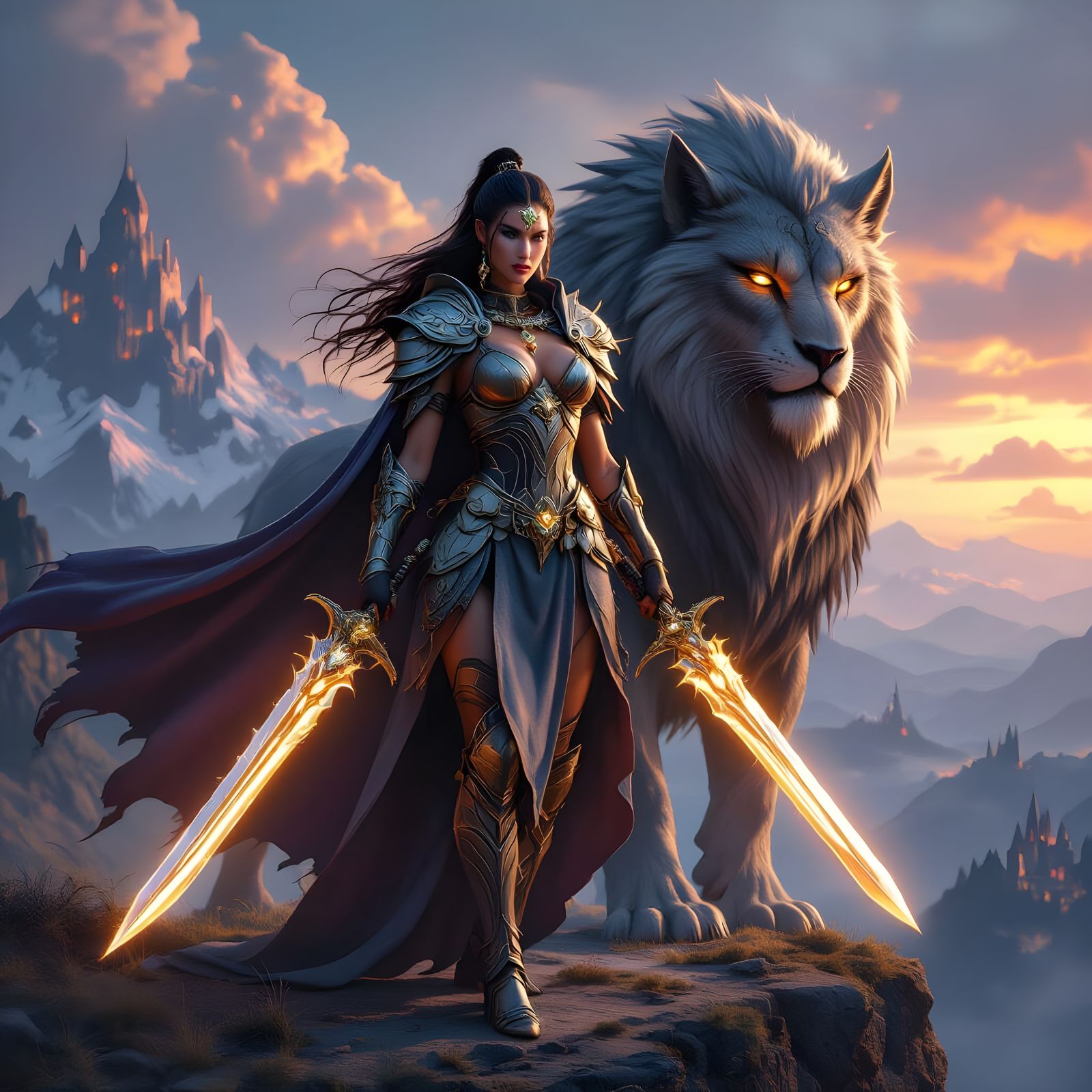 Fantasy Warrior Woman and Beast on Cliff, Epic Landscape