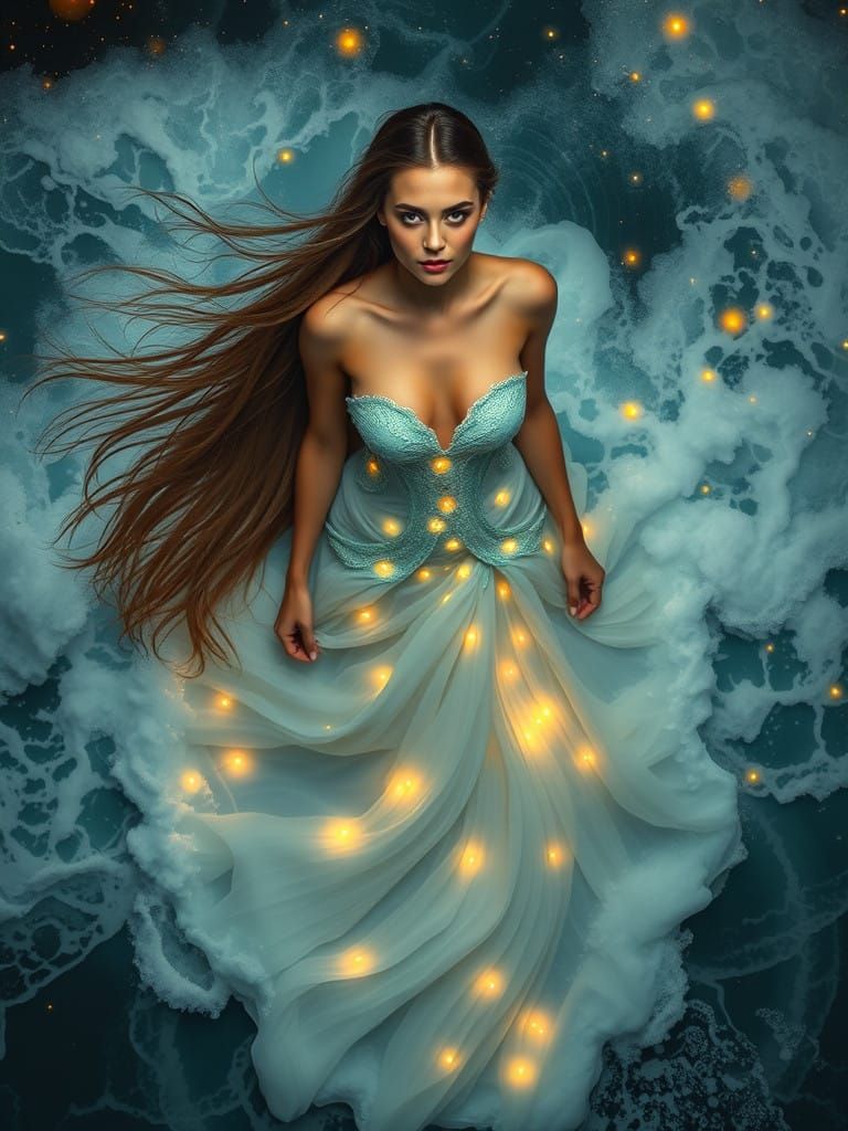 Ocean Goddess Amidst Turbulent Seascape in Hyper-Detailed Re...