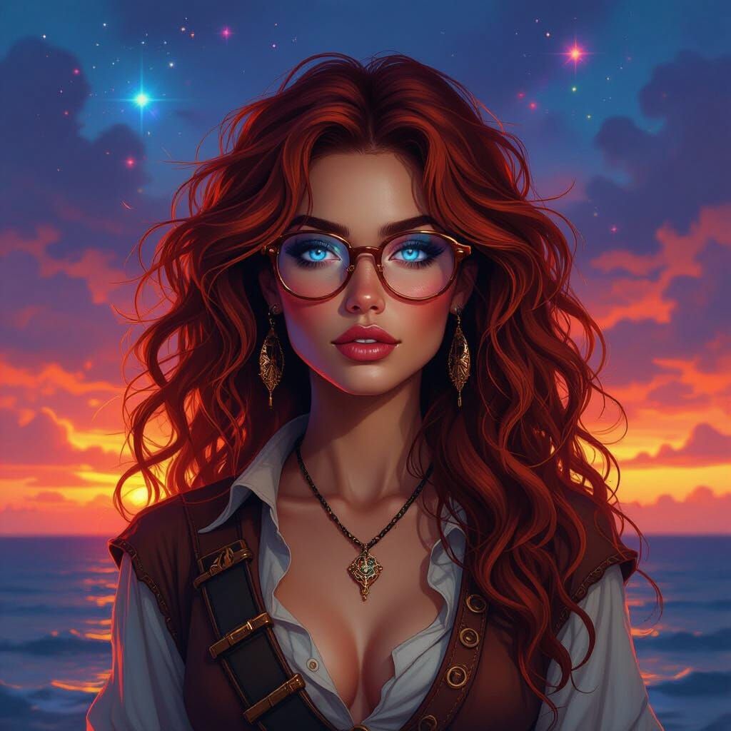 Pirate Woman With Auburn Hair And Blue Eyes At Cosmic Sunset
