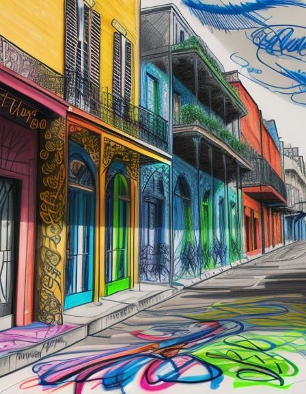 Colorful Doodle of a French Quarter Scene