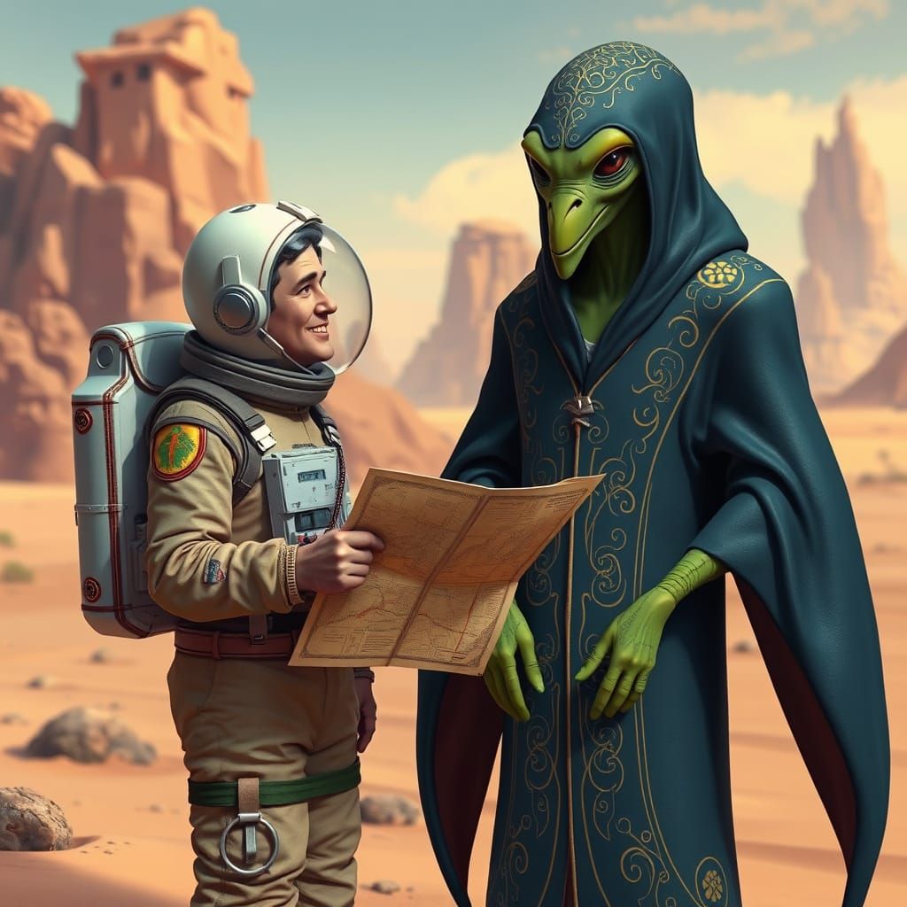 Space Explorer Consults Ancient Alien Cartographer on Desert...