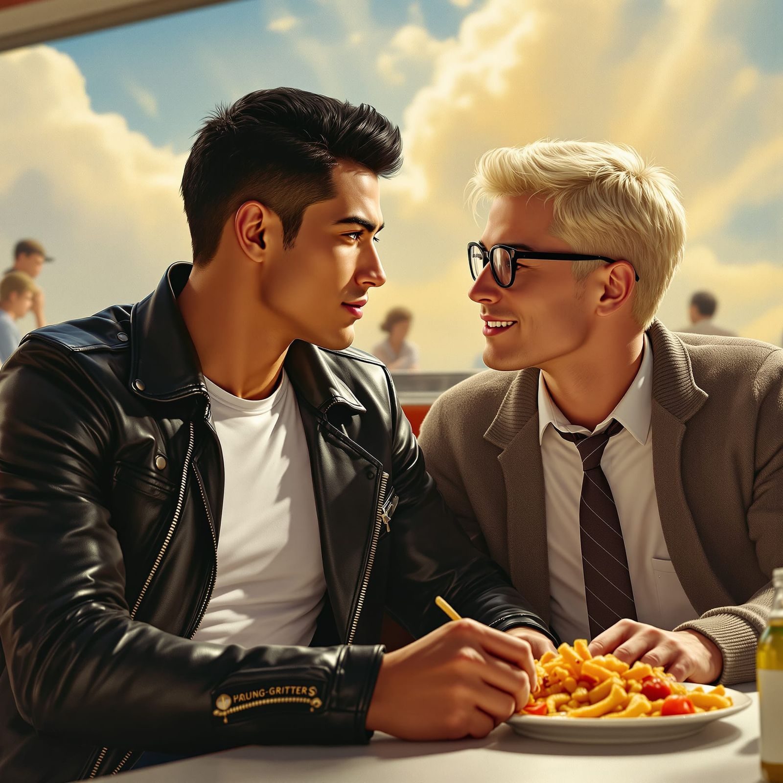 1950s Diner Scene: Two Men Gazing Over Food
