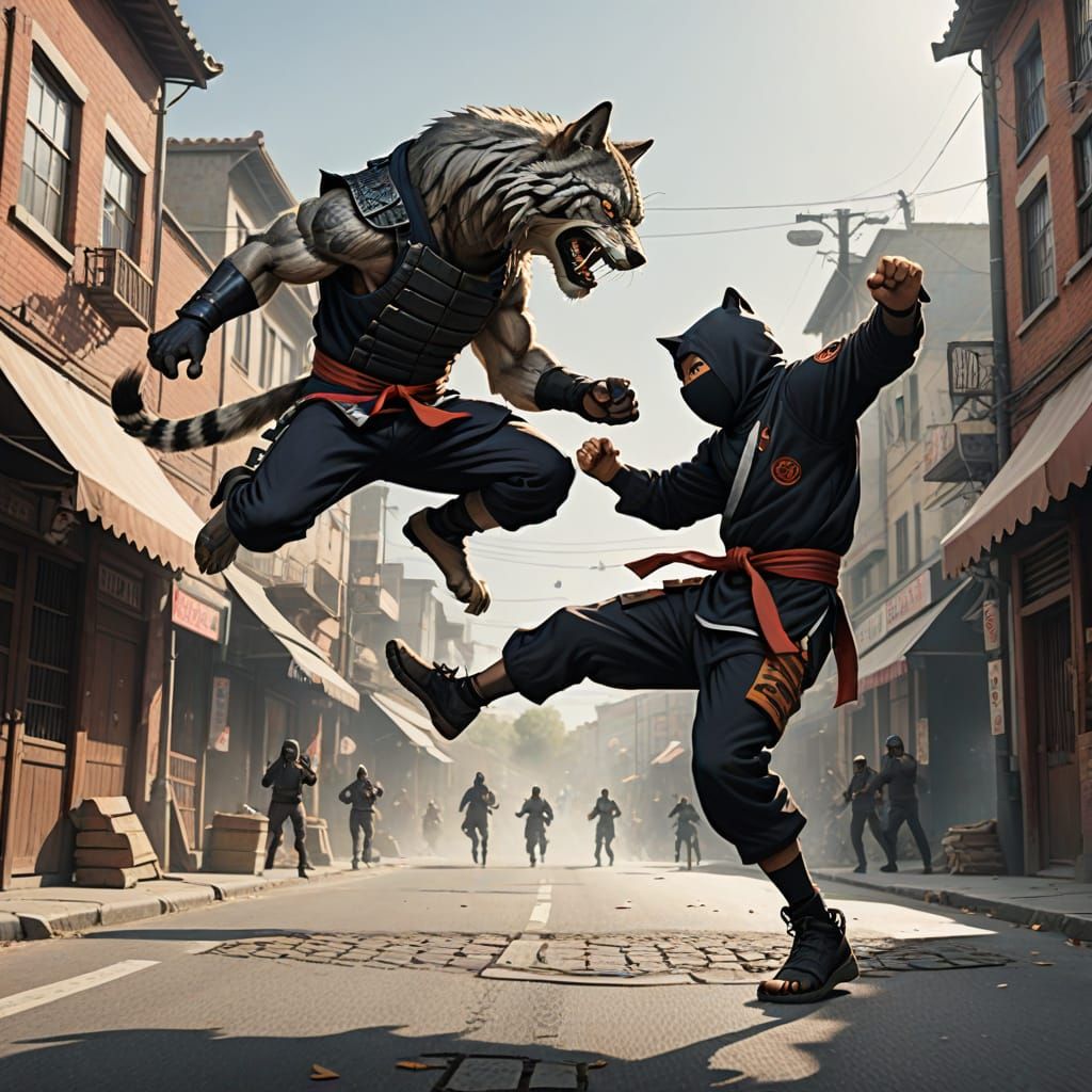 Ninja Wolf Kicks Tiger in Street Fight