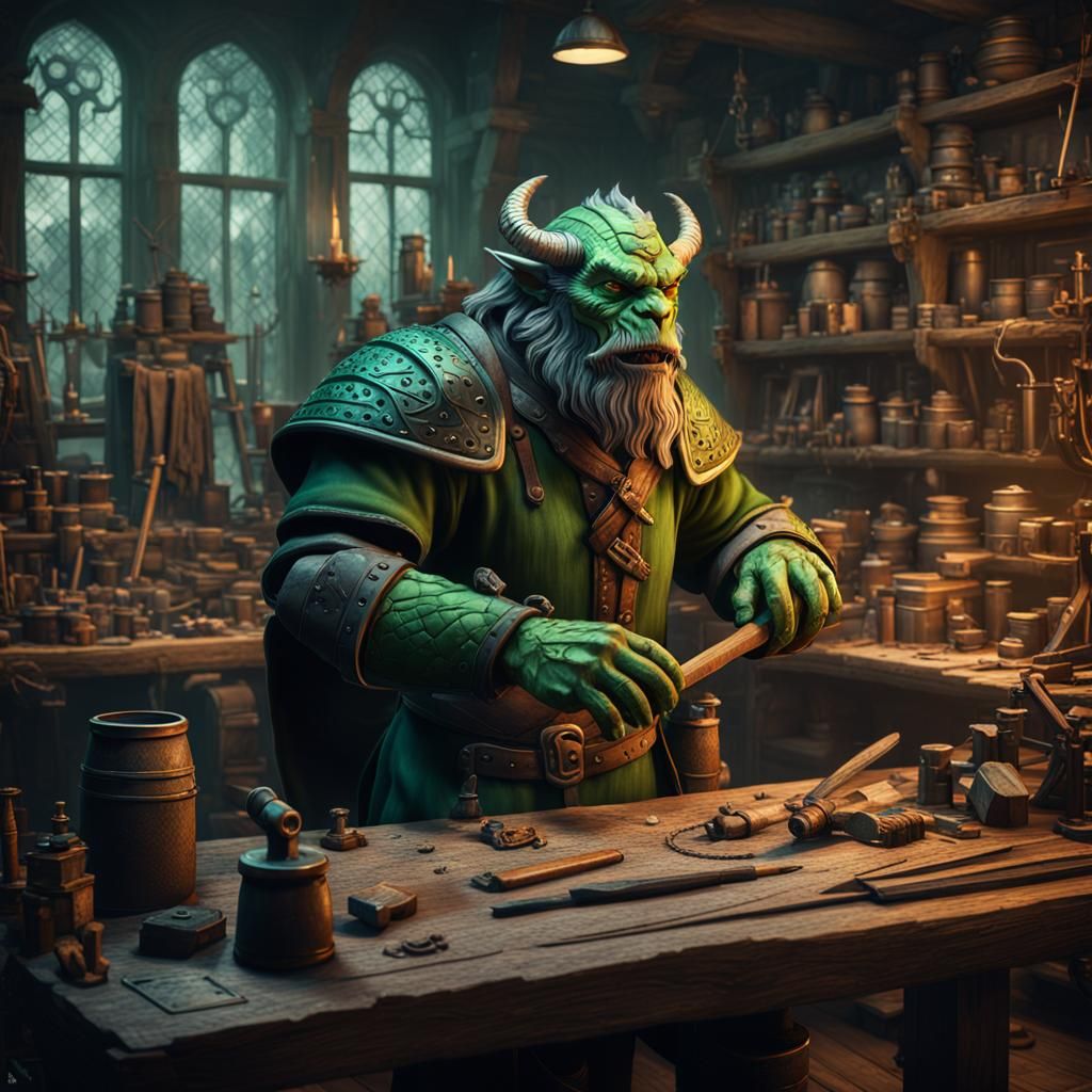 Green Dragonborn Carpenter in Fantasy Workshop