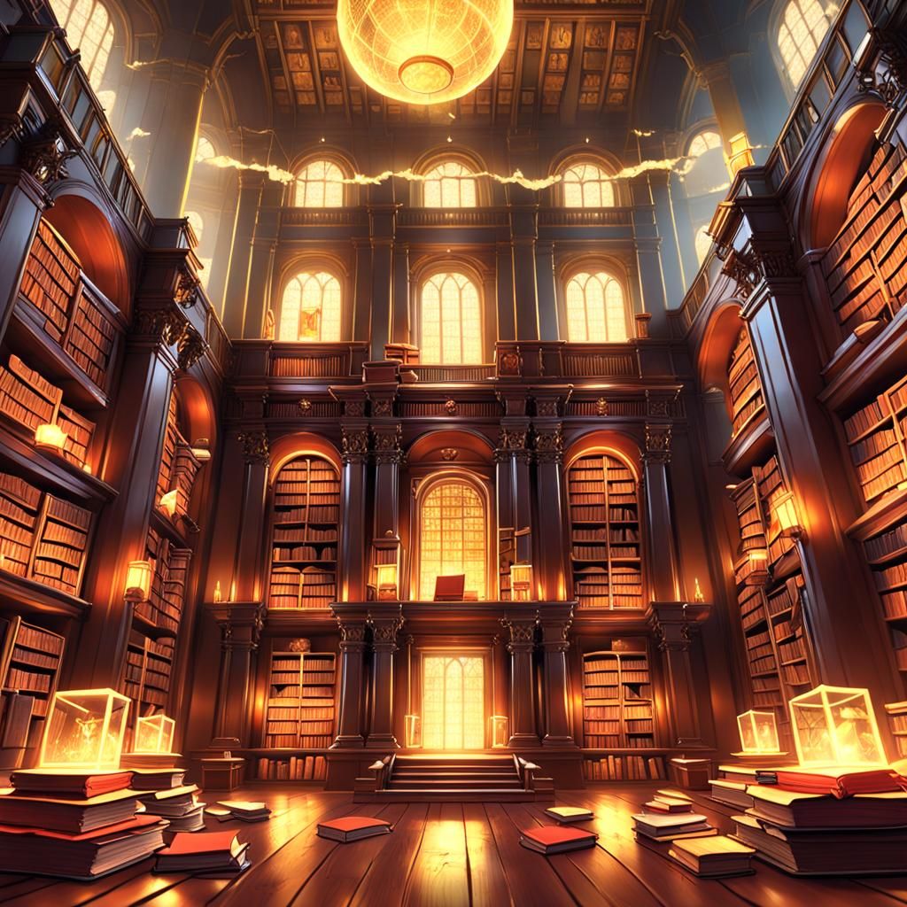Mystical Library with Floating Books in 3D Anime Style