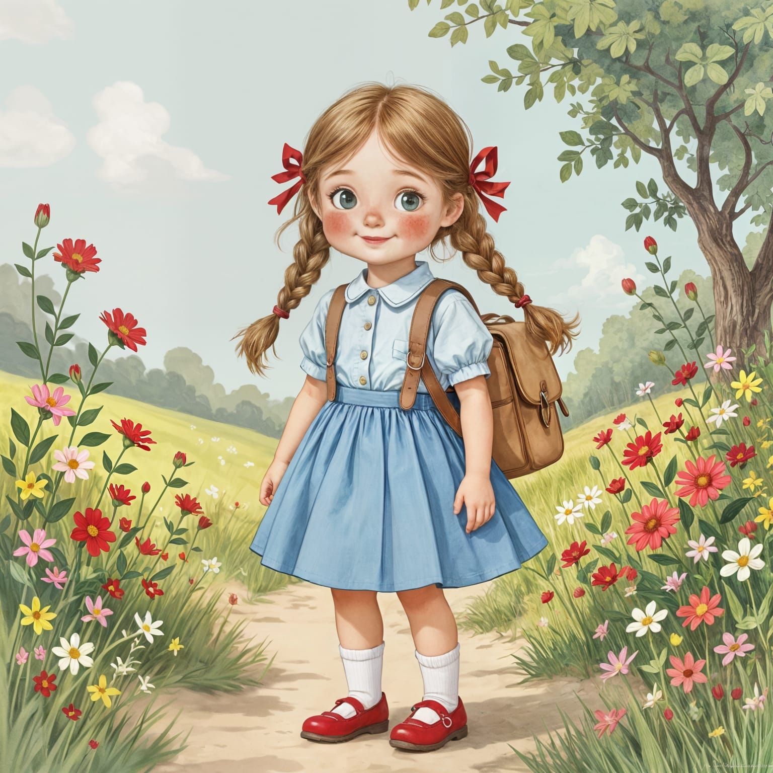 Cute Girl with Braids Walking on Flower Path