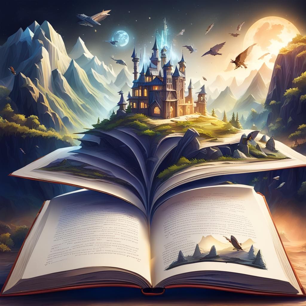 Open Fantasy Storybook with Hovering Pictures