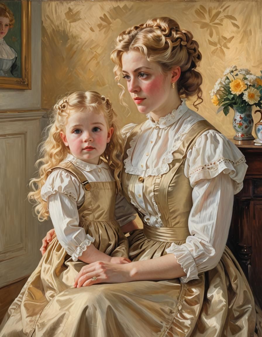 Victorian Mother and Child Impressionistic Oil Painting