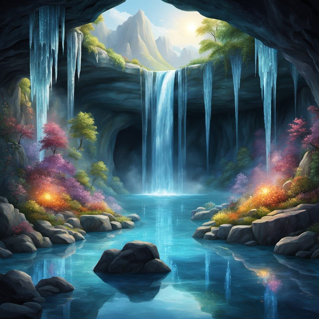 Shimmering Waterfall Cascading in Crystal Cave