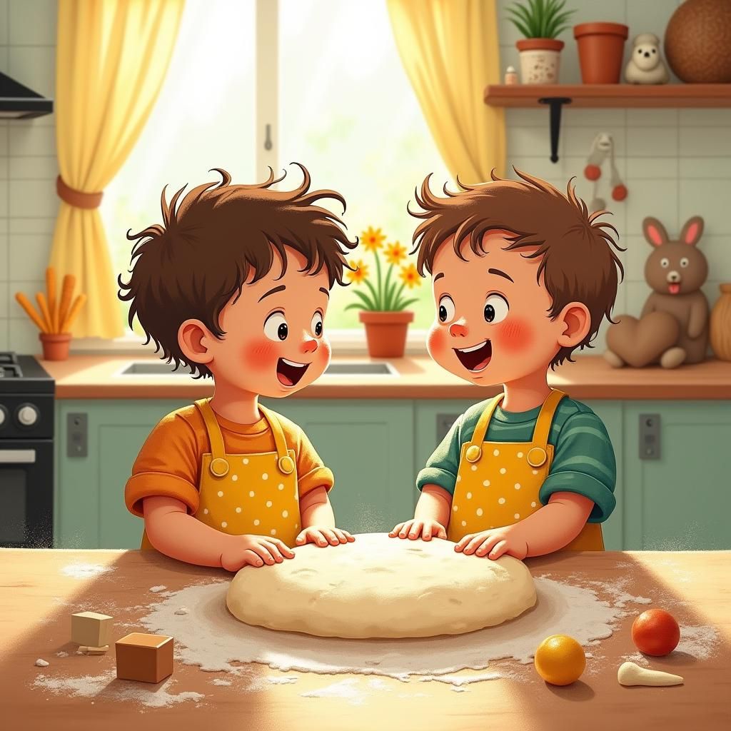 Boys Baking Pizza in Cozy Kitchen, Children's Book Illustrat...