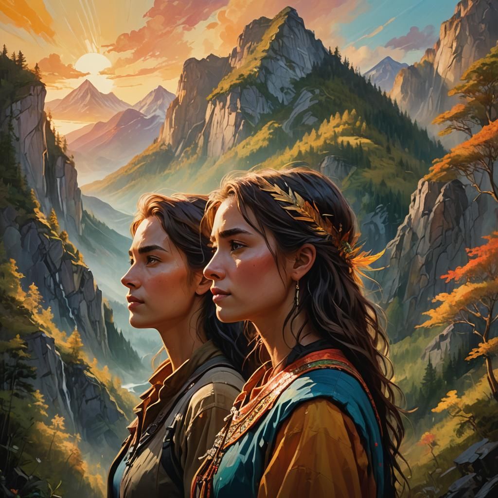 Fantasy Faces in Mountain Landscape Oil Painting