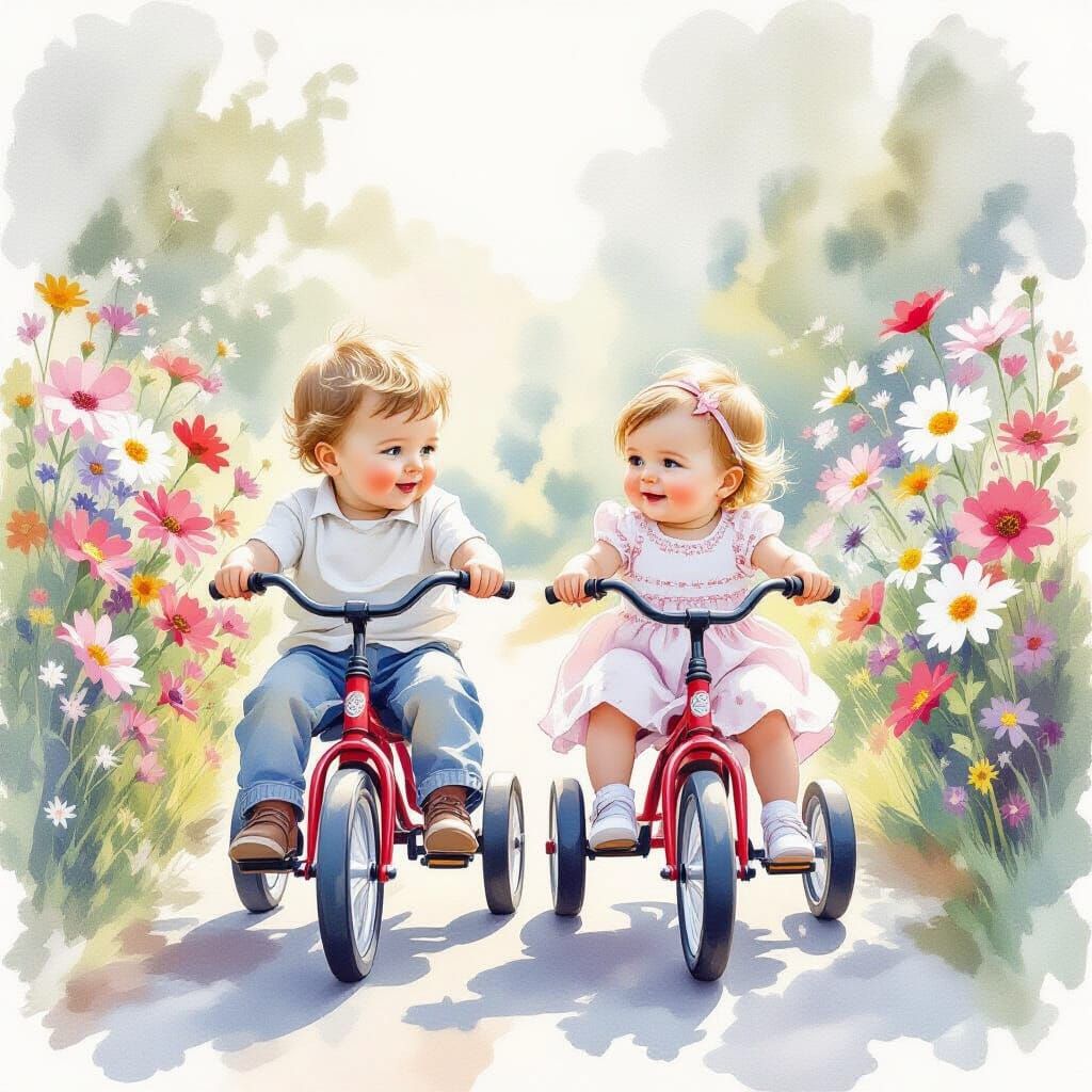 Watercolor & Ink of Siblings Riding Tricycles Amidst Flowers