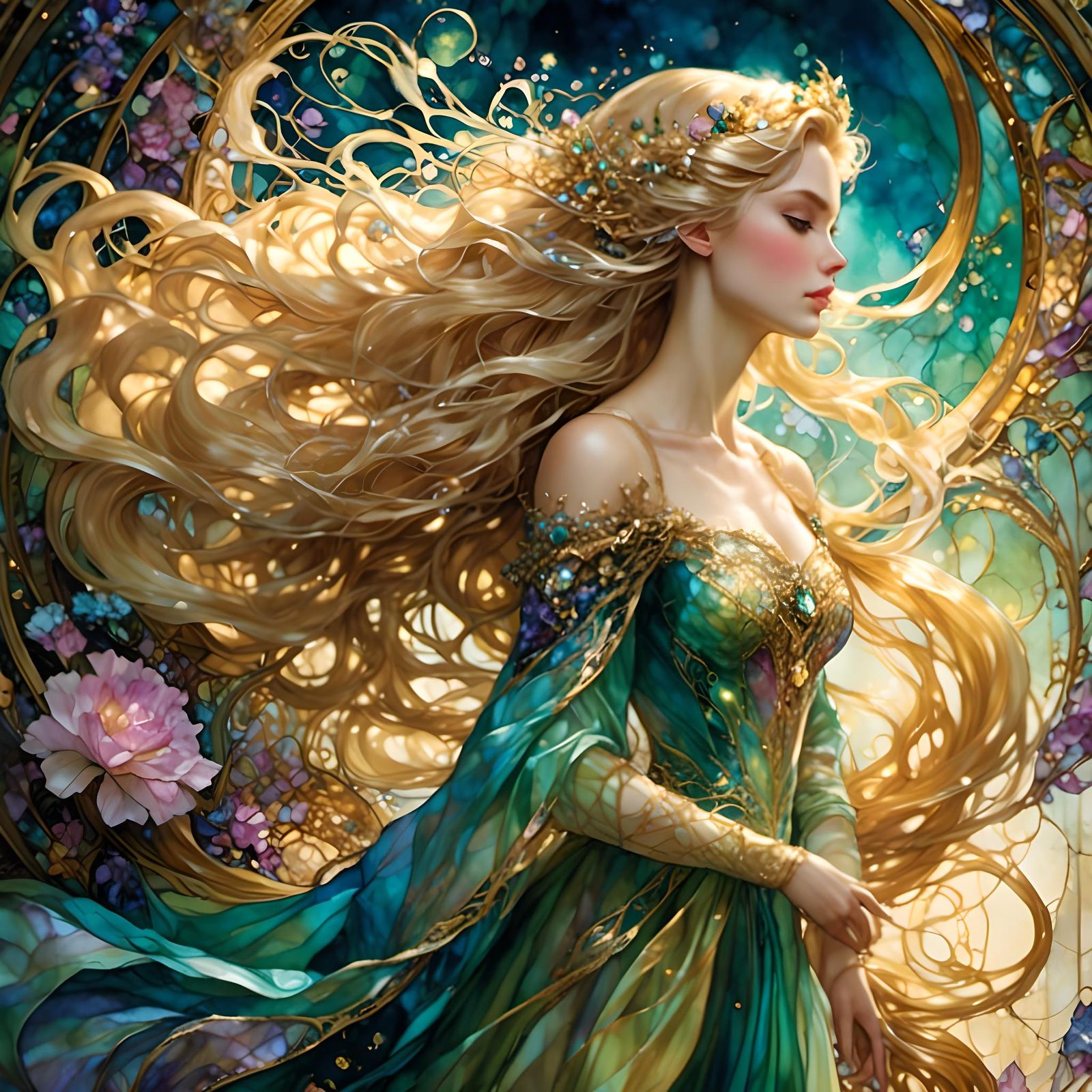 Rapunzel with Flowing Hair in Fantasy Ink Style