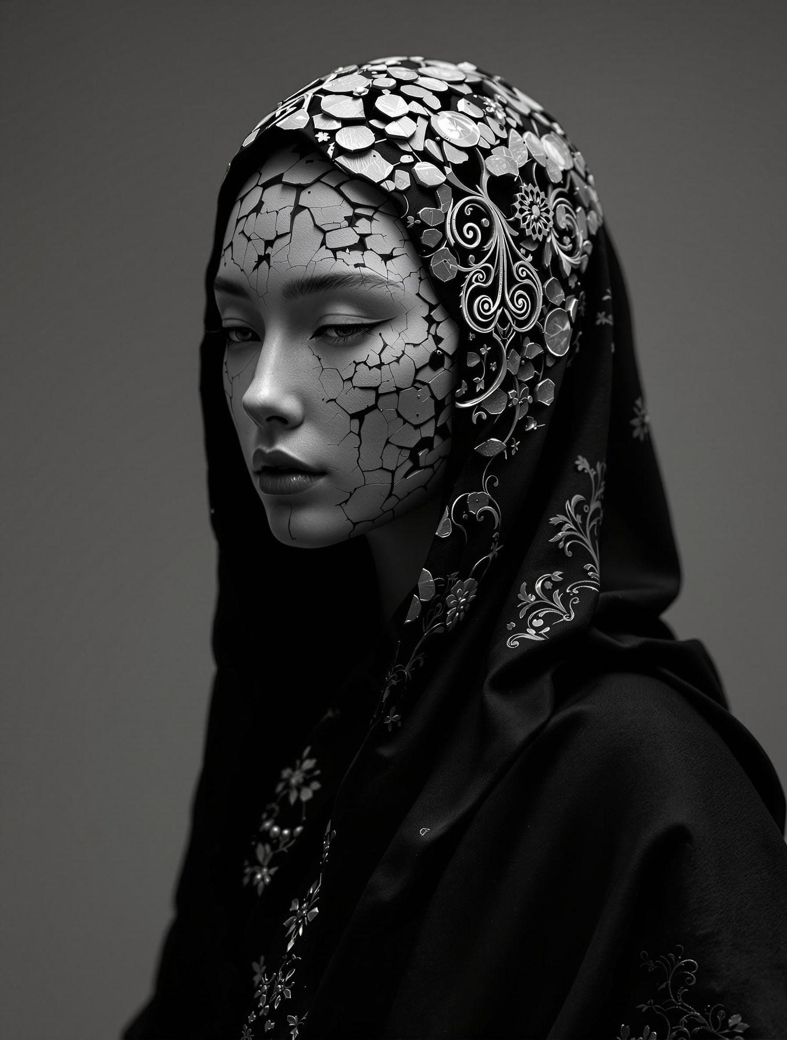 Echoes of Rebirth: Ancient Ceramic Portrait in Monochromatic...