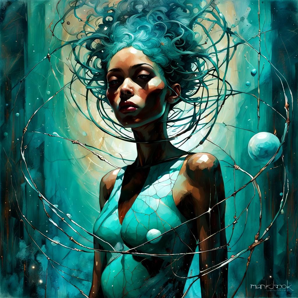 Girl with Blue Orbs: Digital Art in Teal