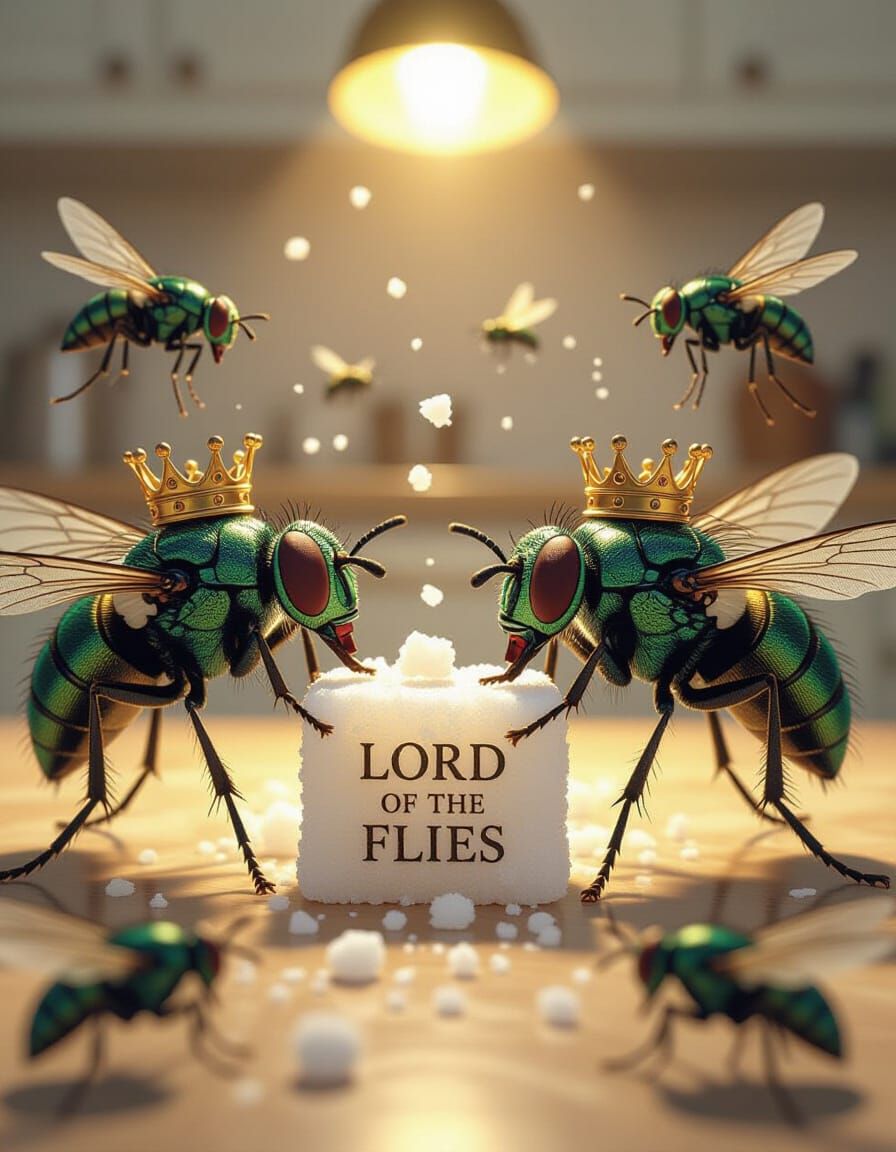 Macro Battle of Crowned Houseflies Over Sugar Cube