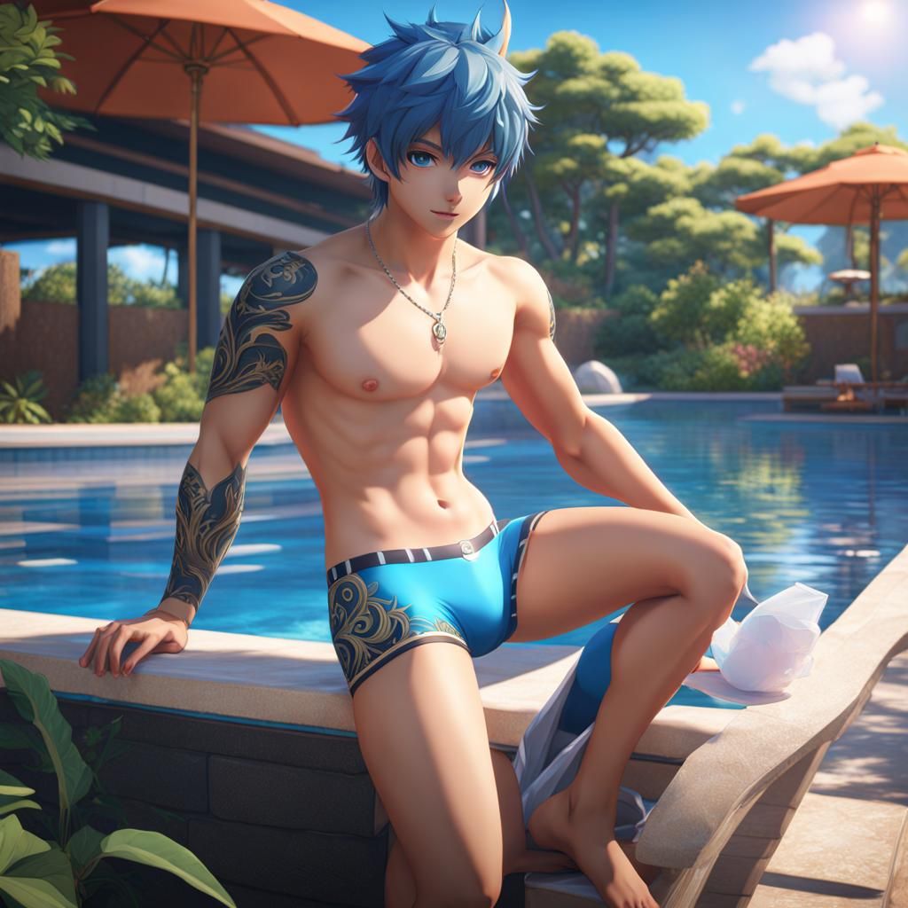 Anime Catboy in Swim Briefs by the Pool