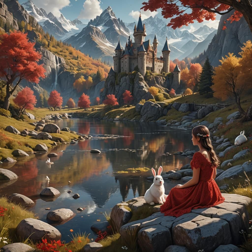 Enchanted Forest Scene with Girl in Red Dress