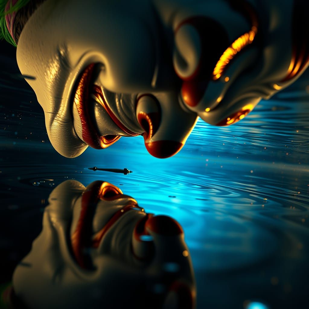 Maniacal Joker Grin Distorted in Rainy Reflection