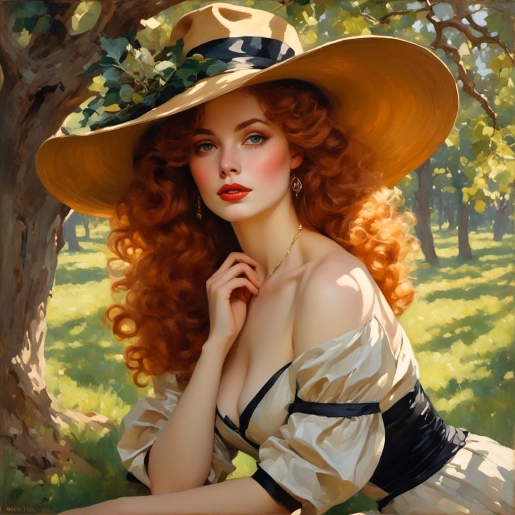 Elegant Redhead with Fox in Dreamy Oak Setting