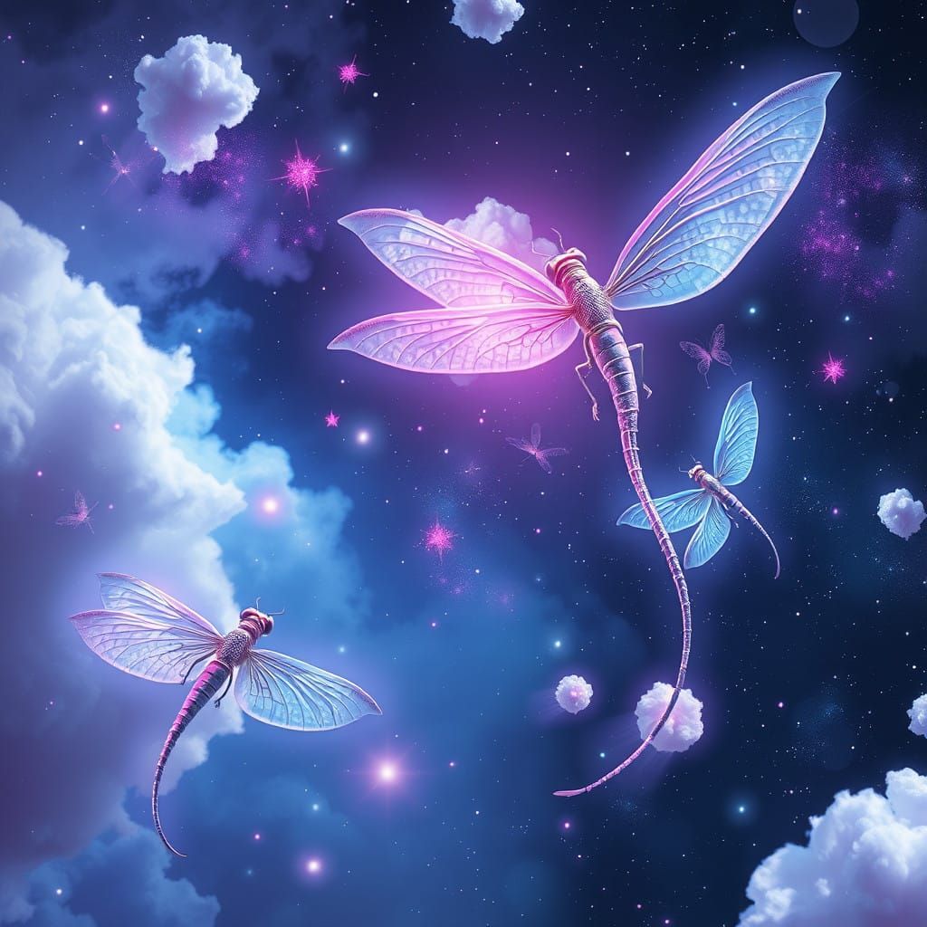 Surreal Cosmic Dragonflies Dance Amidst Cotton Candy Nebulae