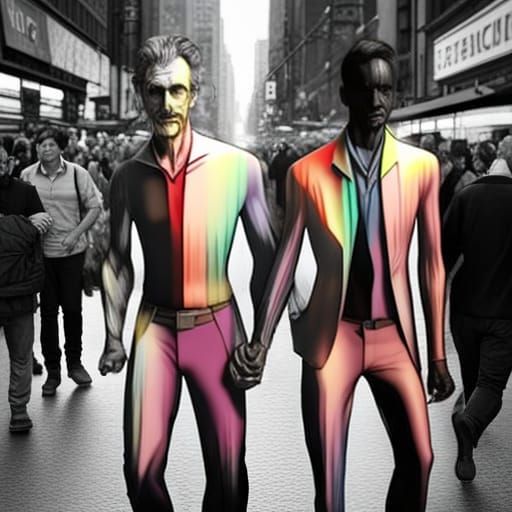 Rainbow Men in Black and White Street, Hyperdetailed Art