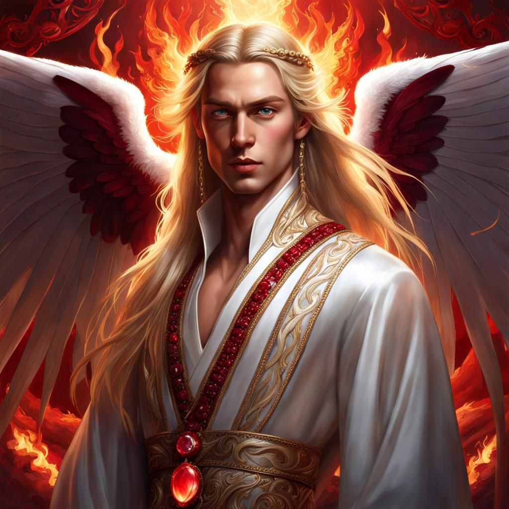 Fantasy Prince with Braided Hair and Flame Wings