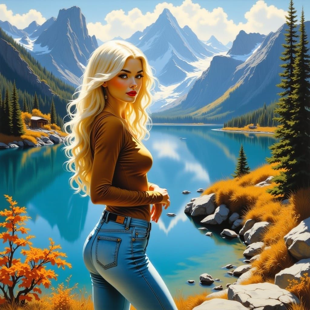 Woman by Lake: Impressionistic Oil Painting